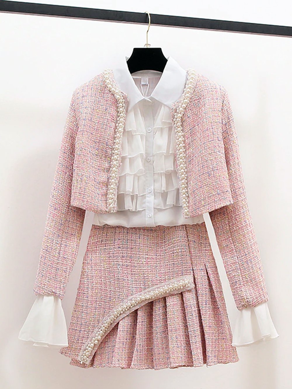 Pink Pearl Trim Tweed Jacket and Pleated Mini Skirt Set