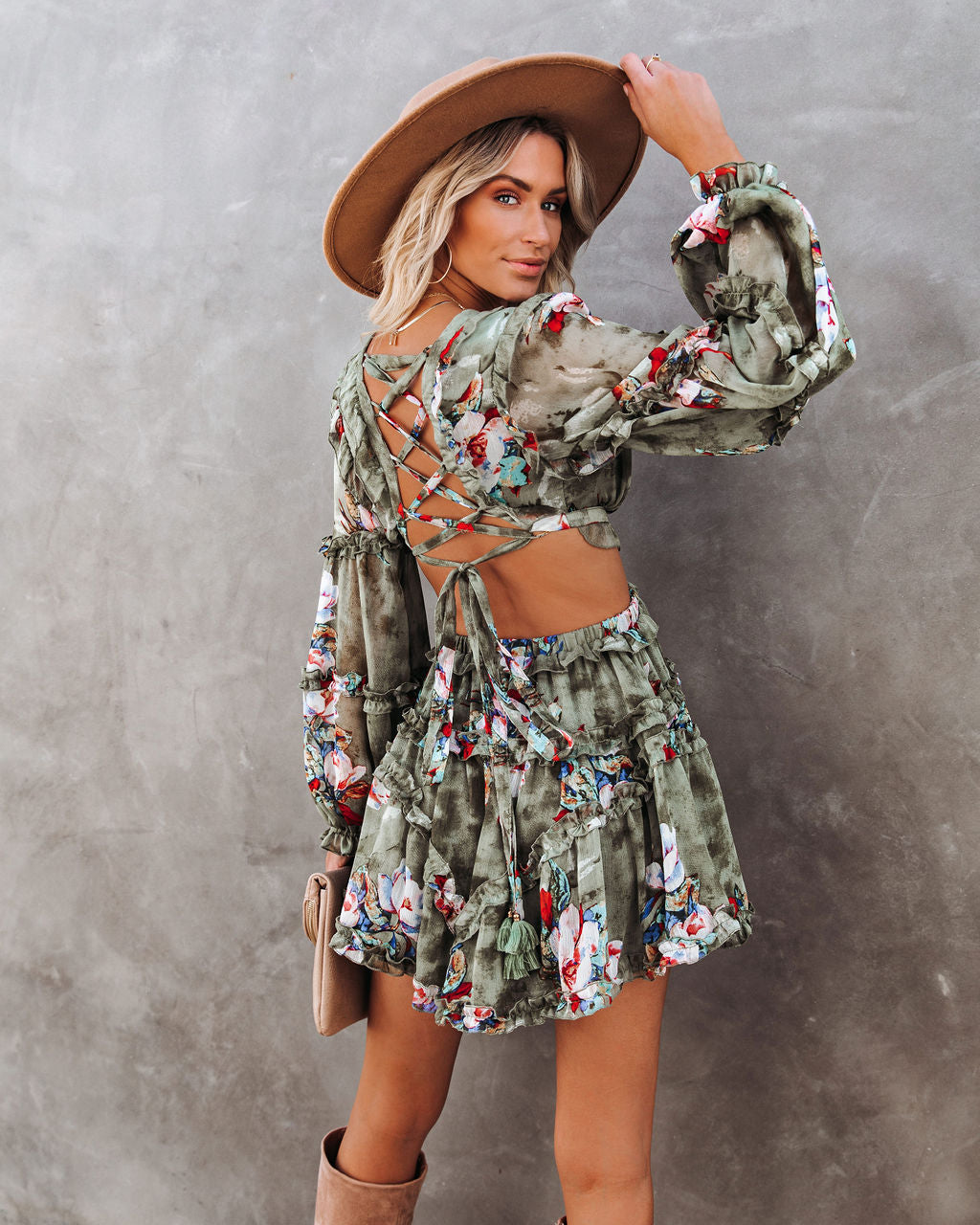 Zida Floral Ruffle Tiered Cutout Dress Olive