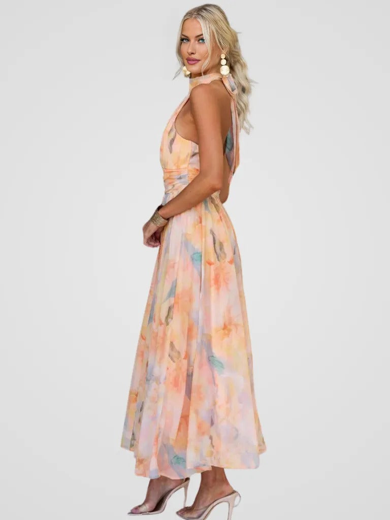 Pink Halter Neck Sleeveless Ruched Watercolor Floral Maxi Dress 2