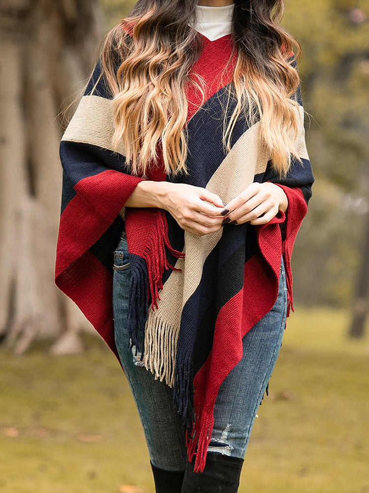 Striped Knit Tassel Trim Asymmetric Hem Poncho