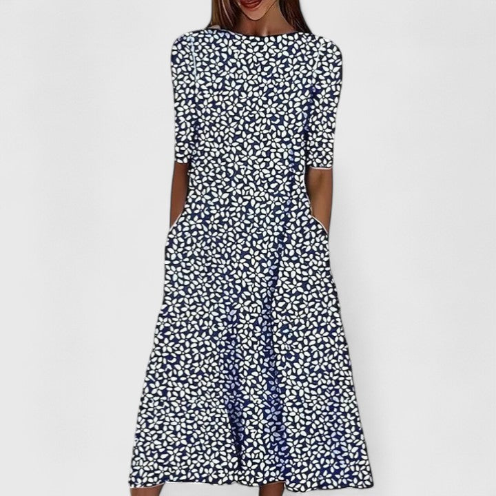 V-Neck Chambray Embroidered Trim Half Sleeve A-Line Midi Dress