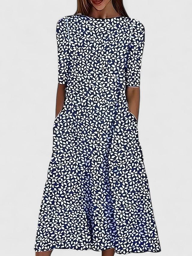 Round Neck Botanical Branch Print Short Sleeve Pocket A-Line Midi Dress