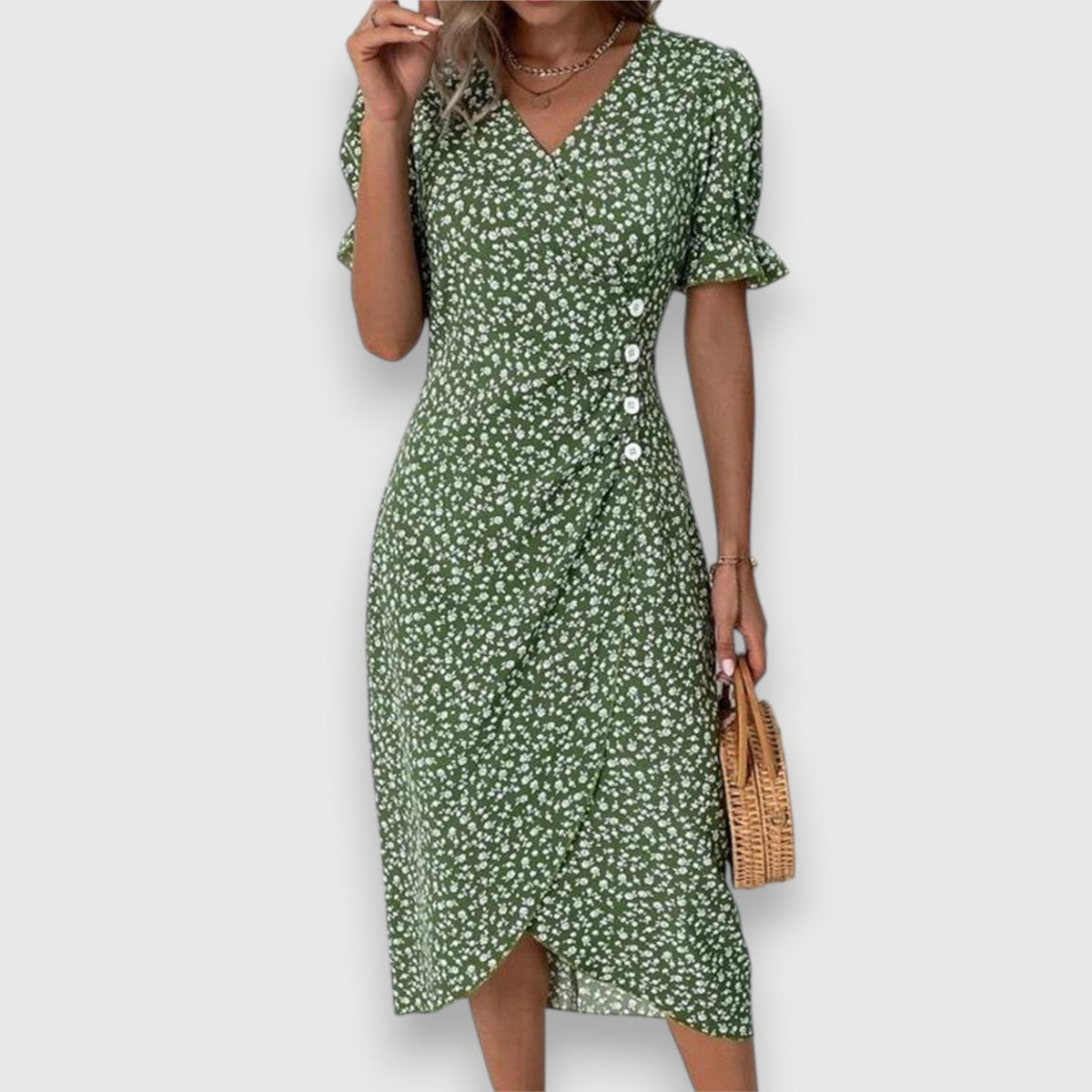 V-Neck Ditsy Floral Ruffle Sleeve Button Front Slit Midi Dress