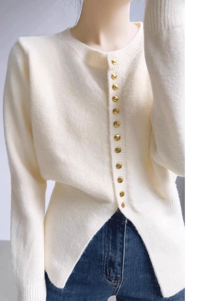 Button-Front Long Sleeve Knit Top