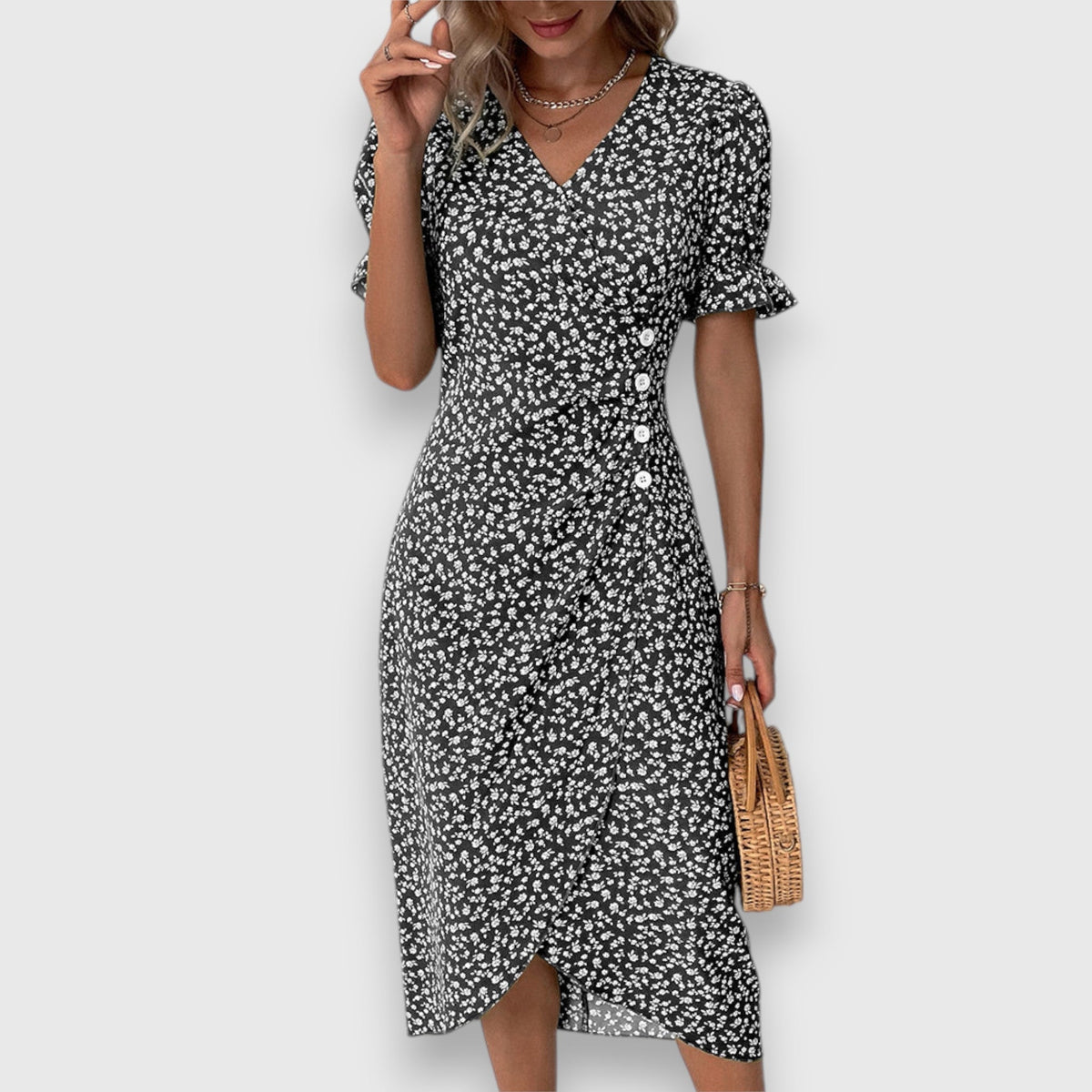 V-Neck Ditsy Floral Ruffle Sleeve Button Front Slit Midi Dress