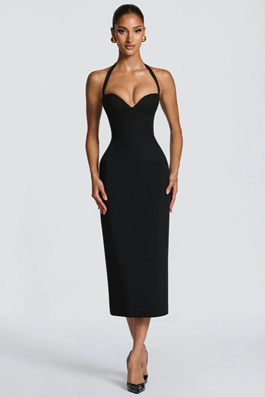 Solid Halter Neck Tie Back Midi Party Dress