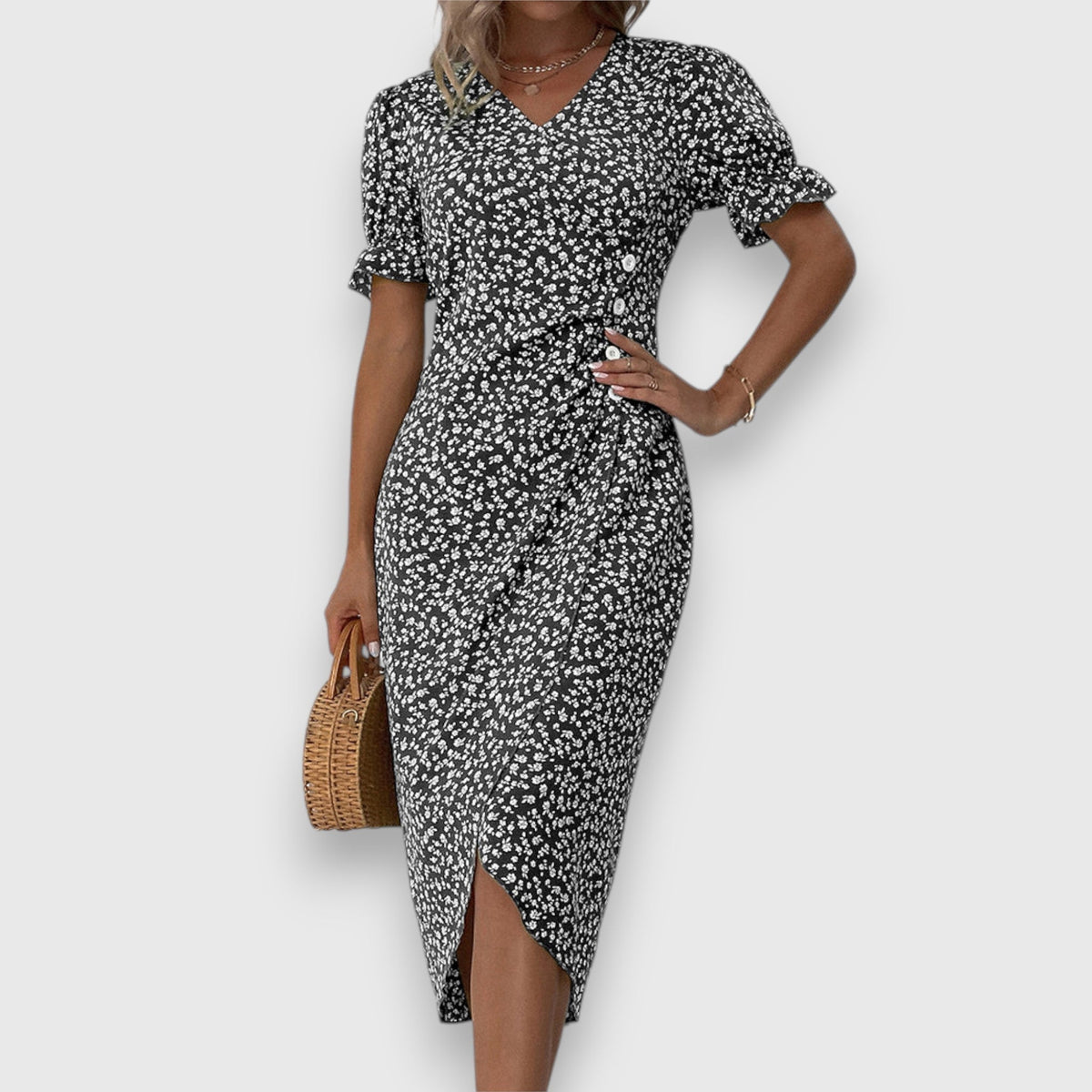 V-Neck Ditsy Floral Ruffle Sleeve Button Front Slit Midi Dress