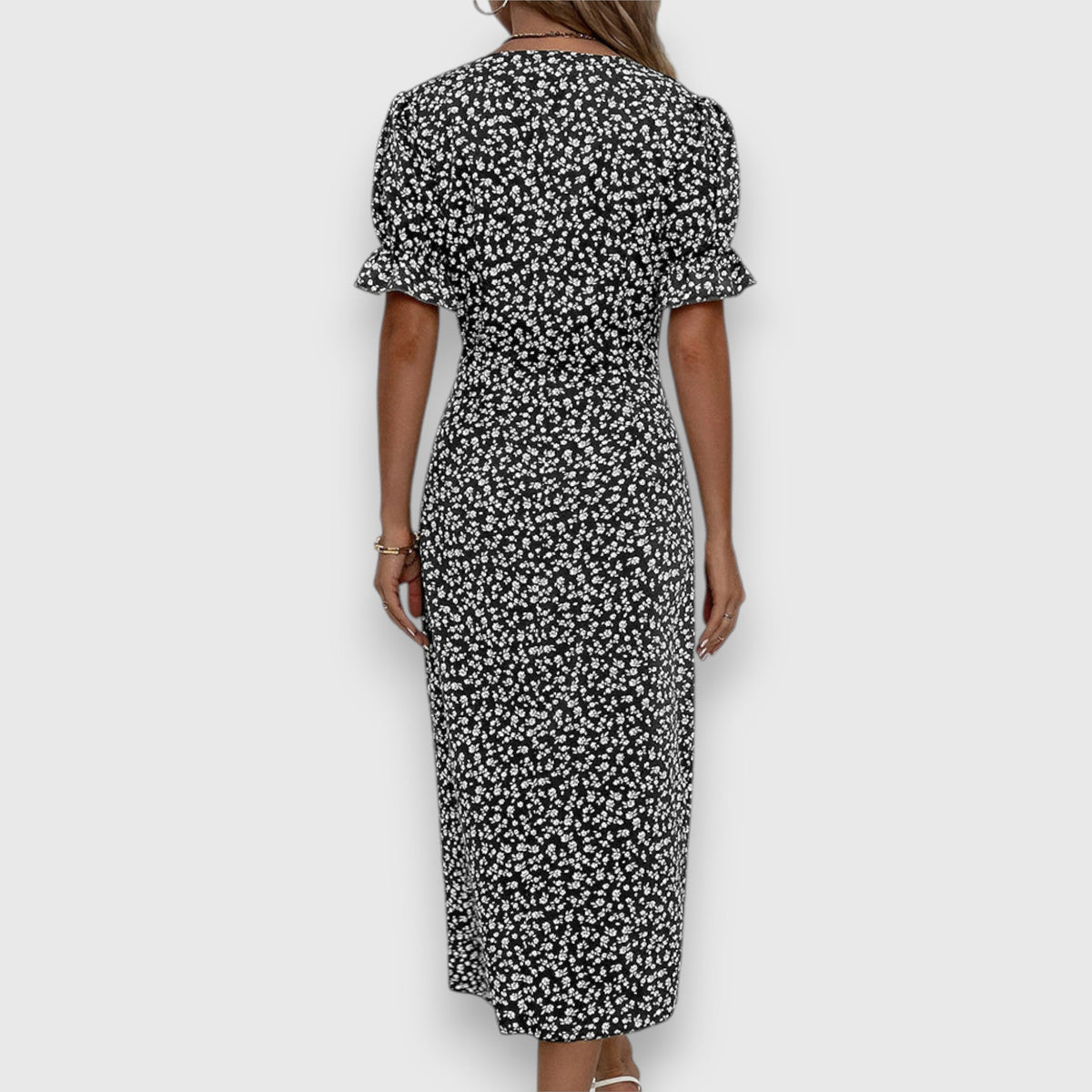V-Neck Ditsy Floral Ruffle Sleeve Button Front Slit Midi Dress