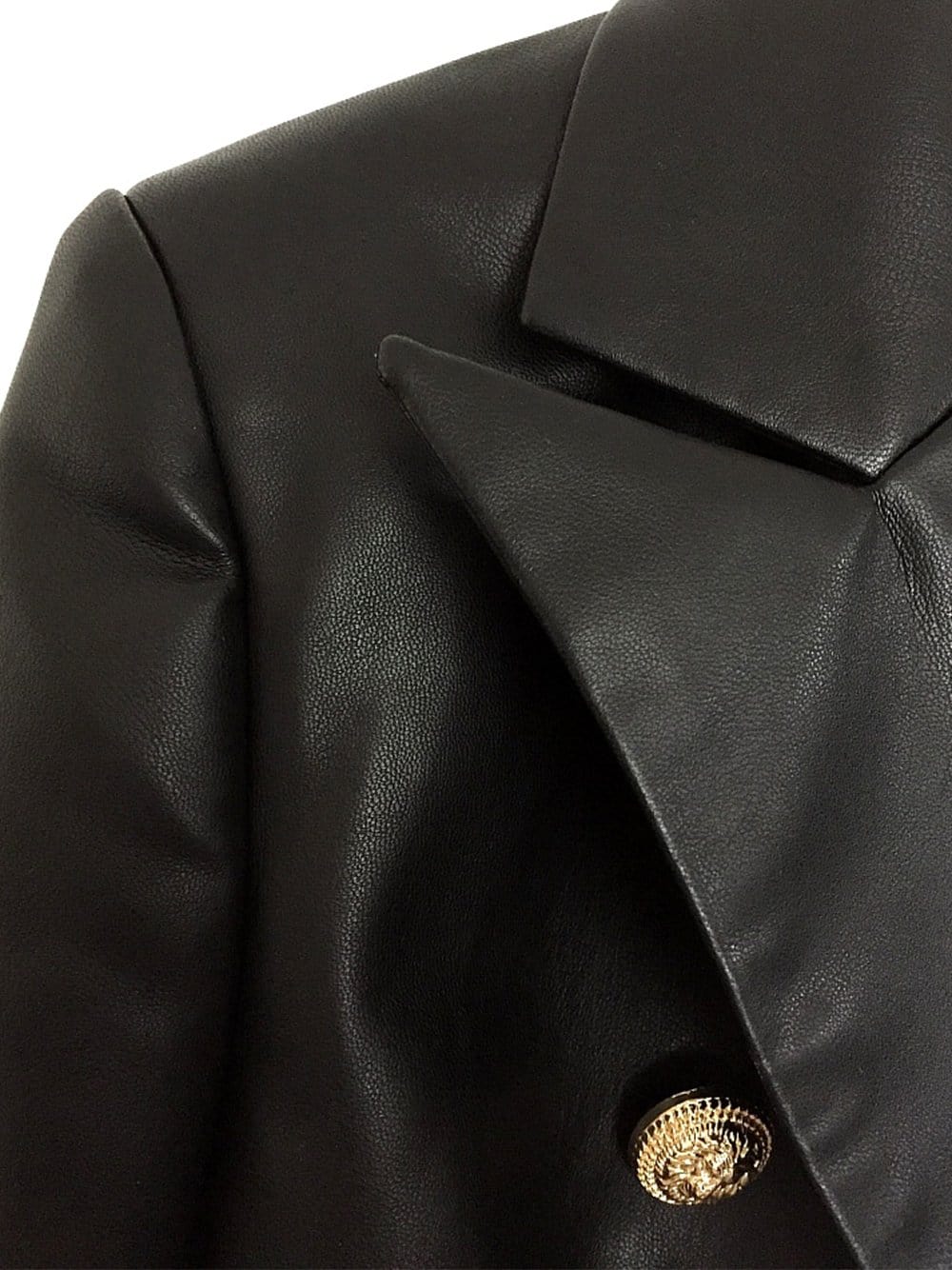 Black Peak Lapel Double-Breasted Gold Button Leather Blazer