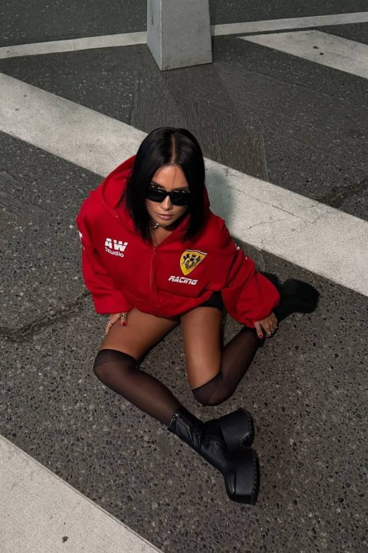 Oversized Zip-Up Logo Letter Print Hoodie