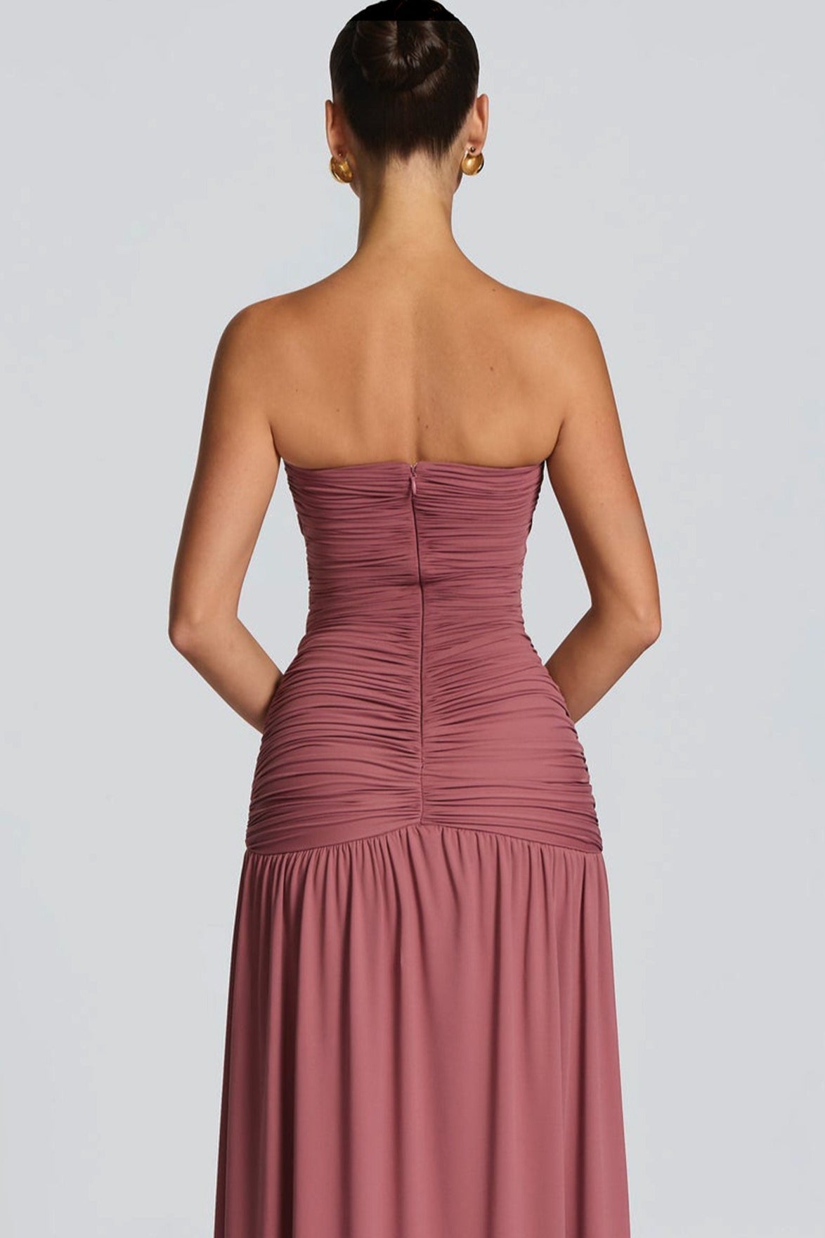 Solid Strapless High Slit Ruched Bodycon Party Dress