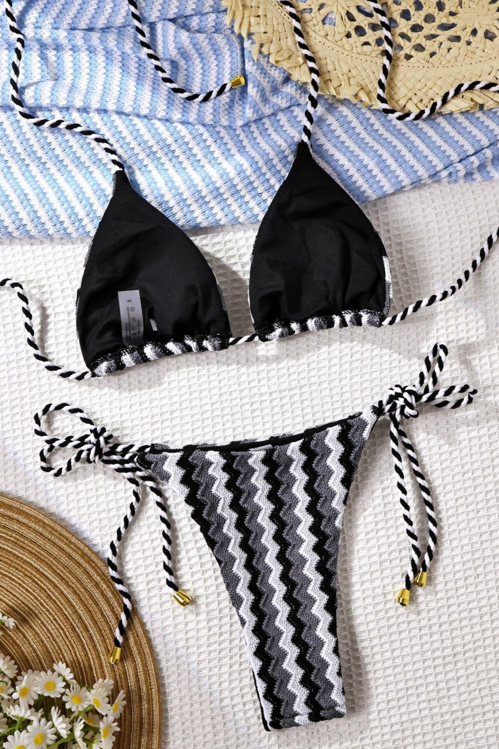 Macrame Embroidery Halter Triangle Bikini Set