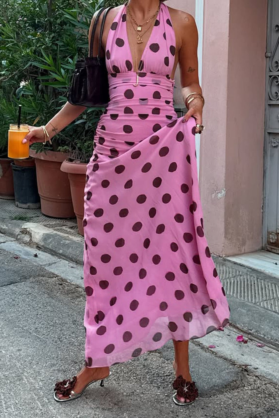 Pink Polka Dot Halter V-Neck Colorblock Bodycon Maxi Dress 3