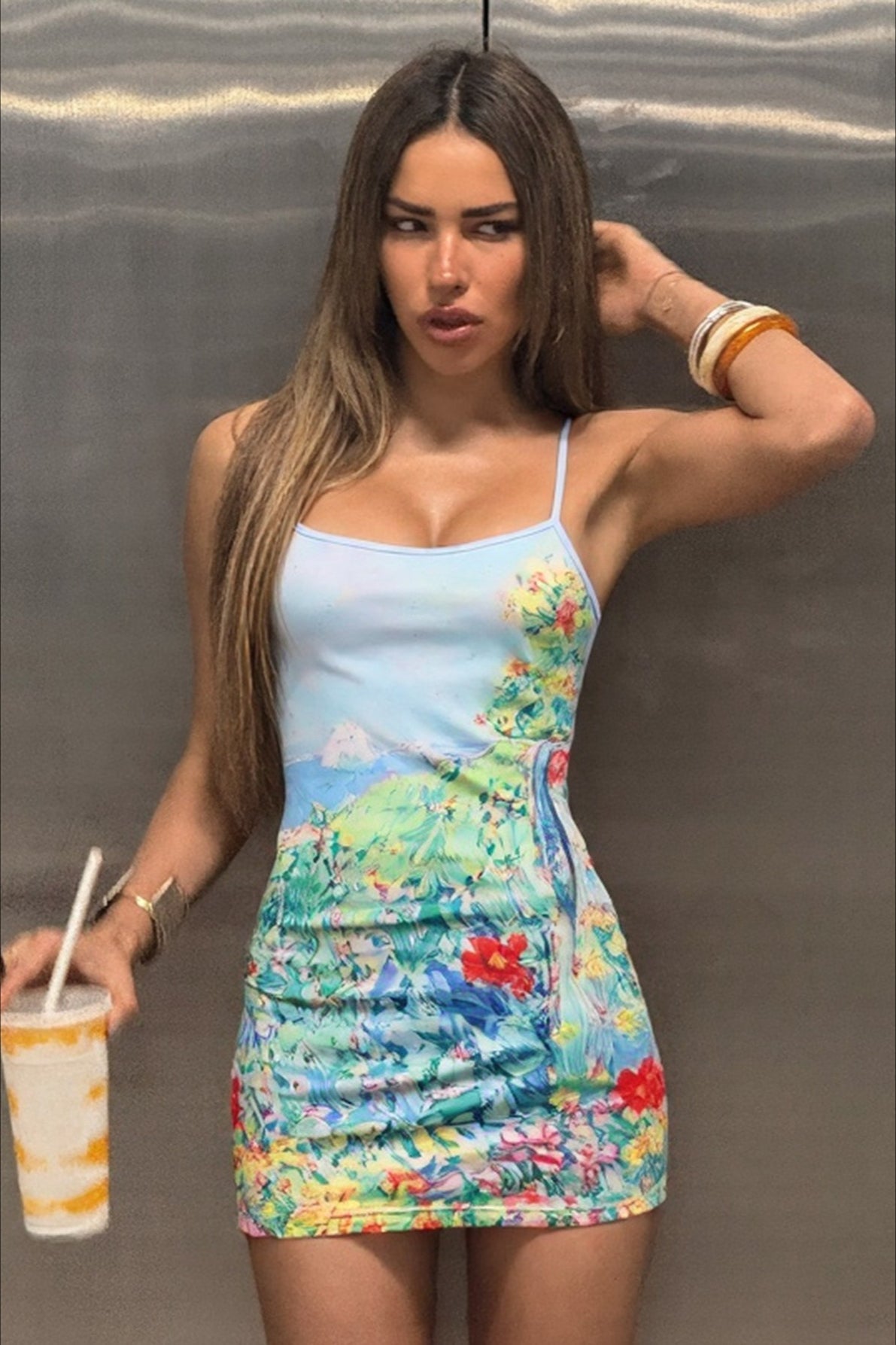 Printed Waist Cinch Bodycon Slip Dress