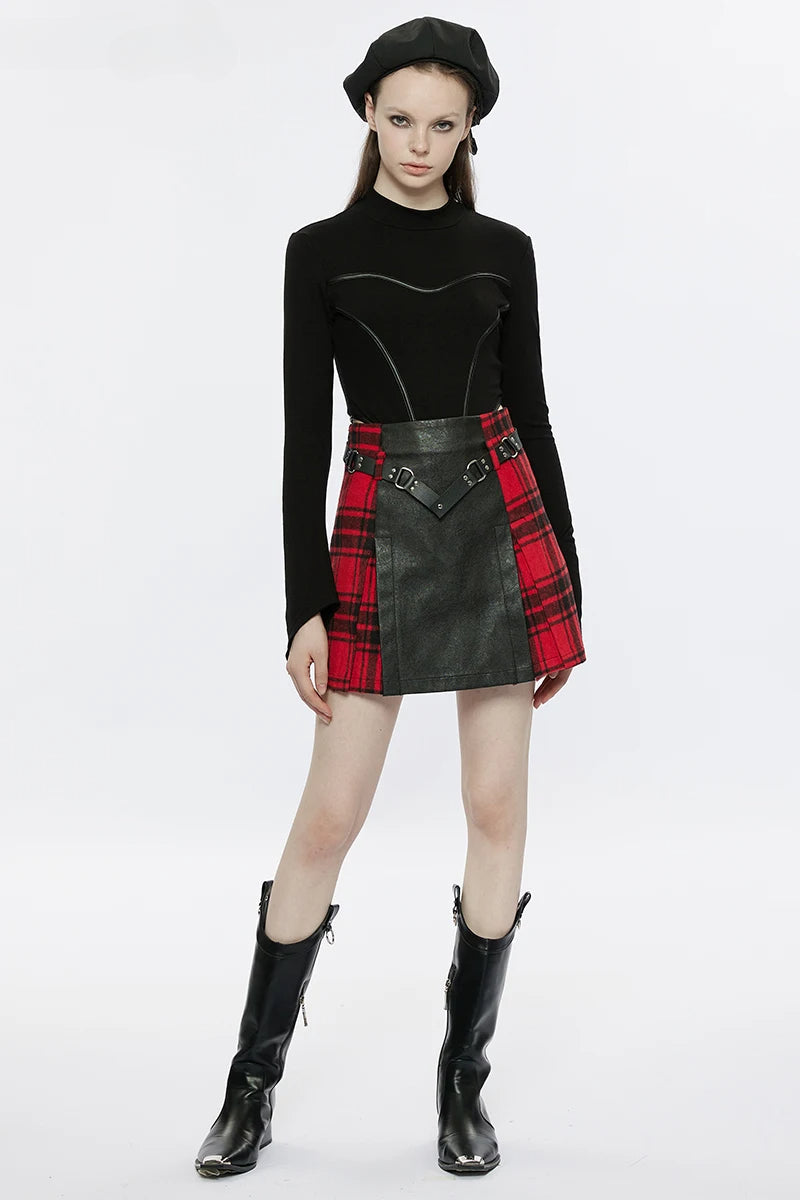 Women's Black+Red Plaid Splicing Rivet Metal Buckle Belt Daily ALine Personality Mini Skirt