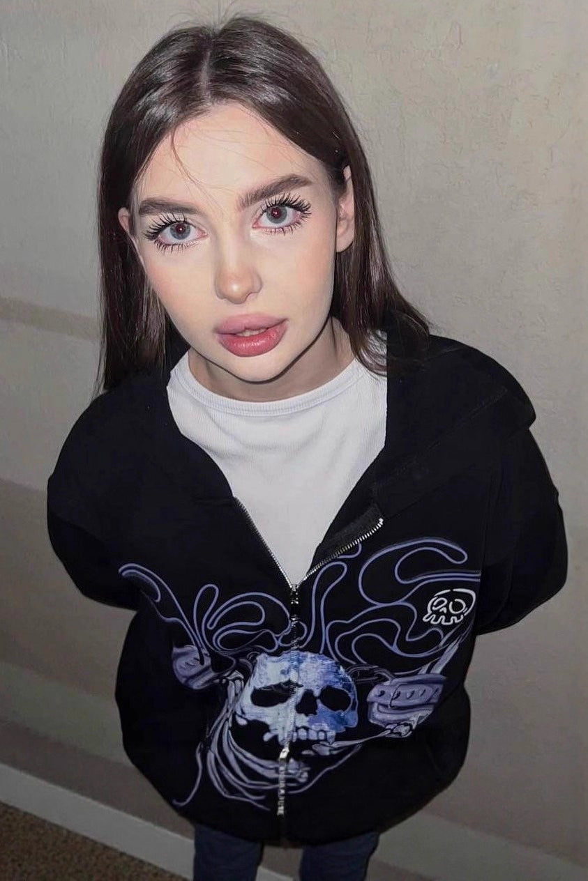 Y2K Skull Print Zip-Up Street Hoodie
