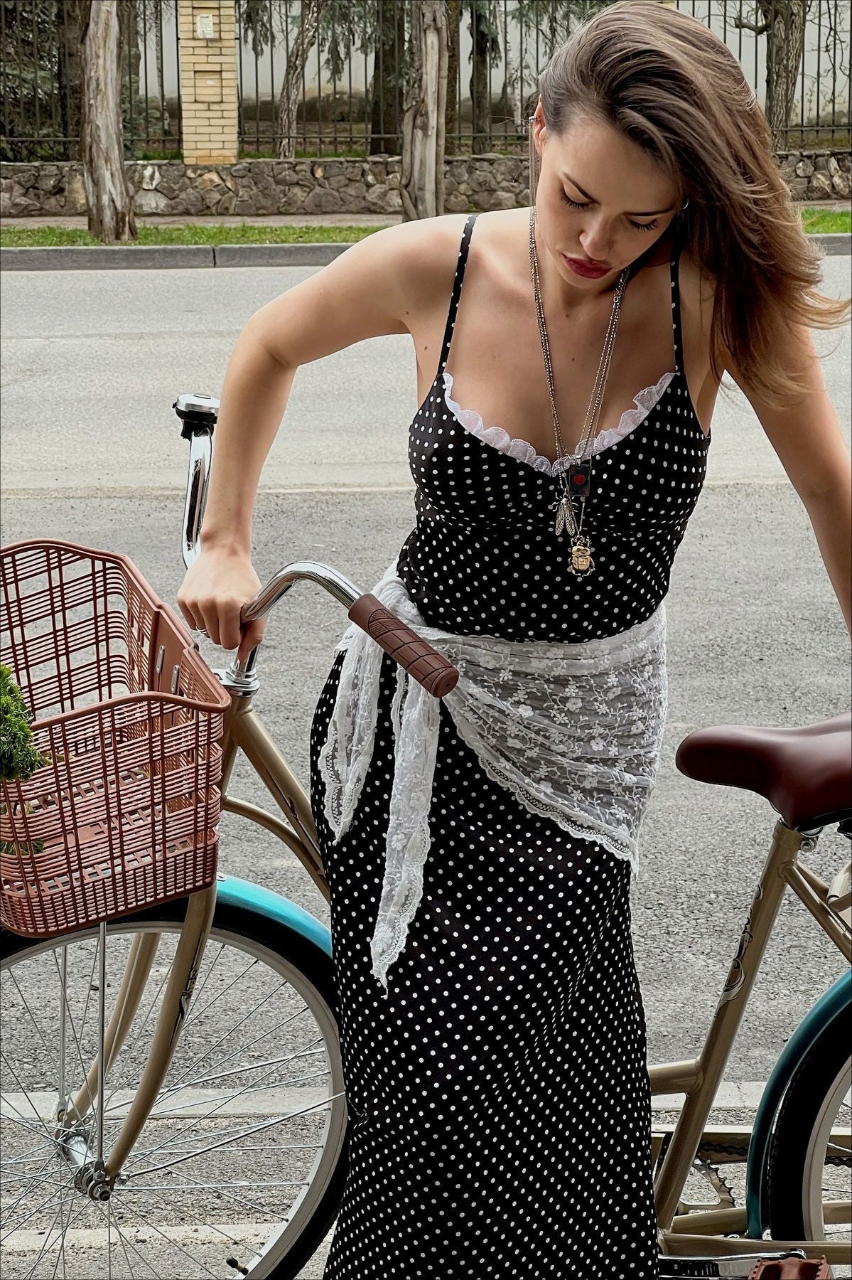 Black Polka Dot Lace Trim Cami Maxi With Side Slit Dress 2
