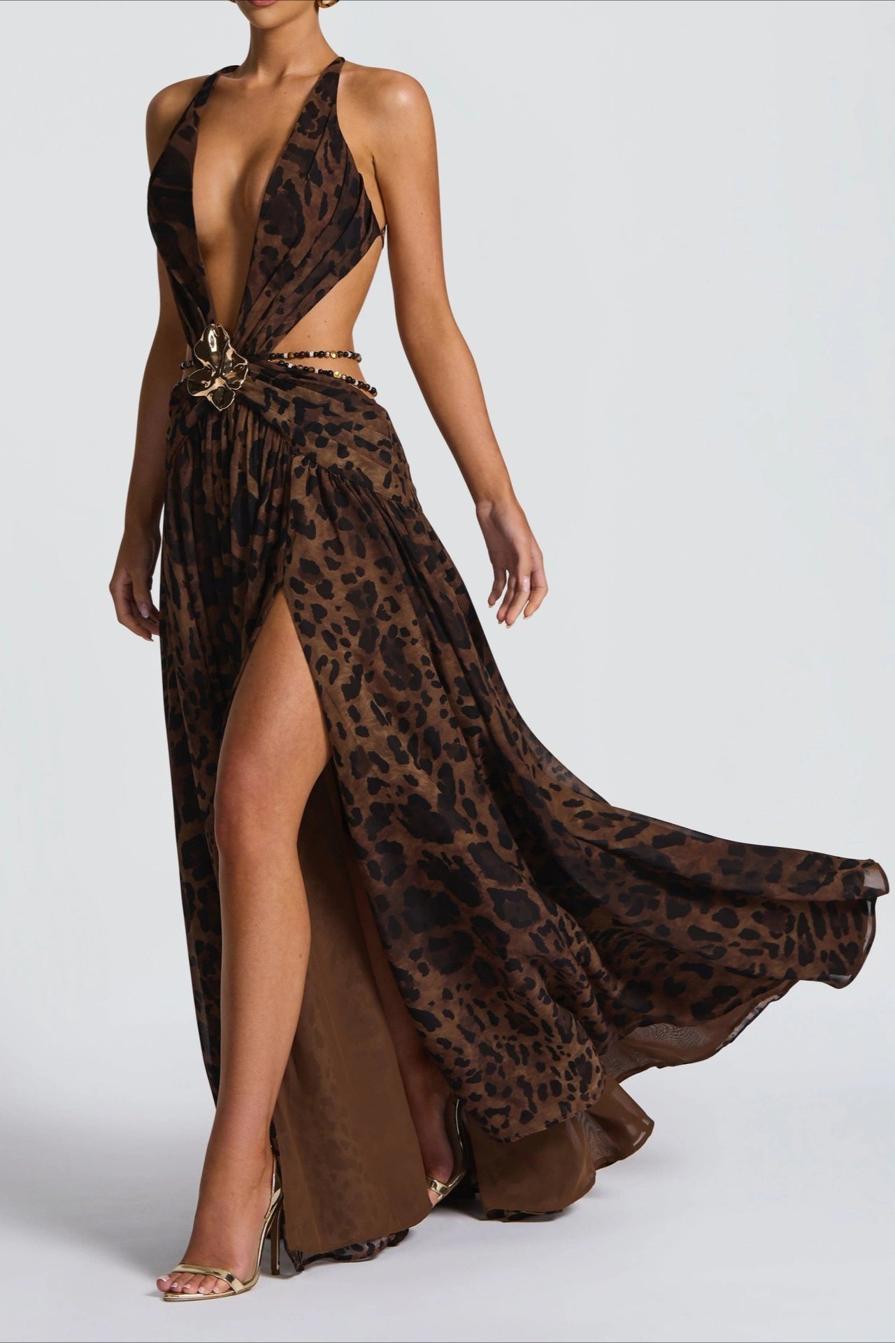 Plunging V Neck Halter Cut Out Waist Buckle High Slit Maxi Dress 3