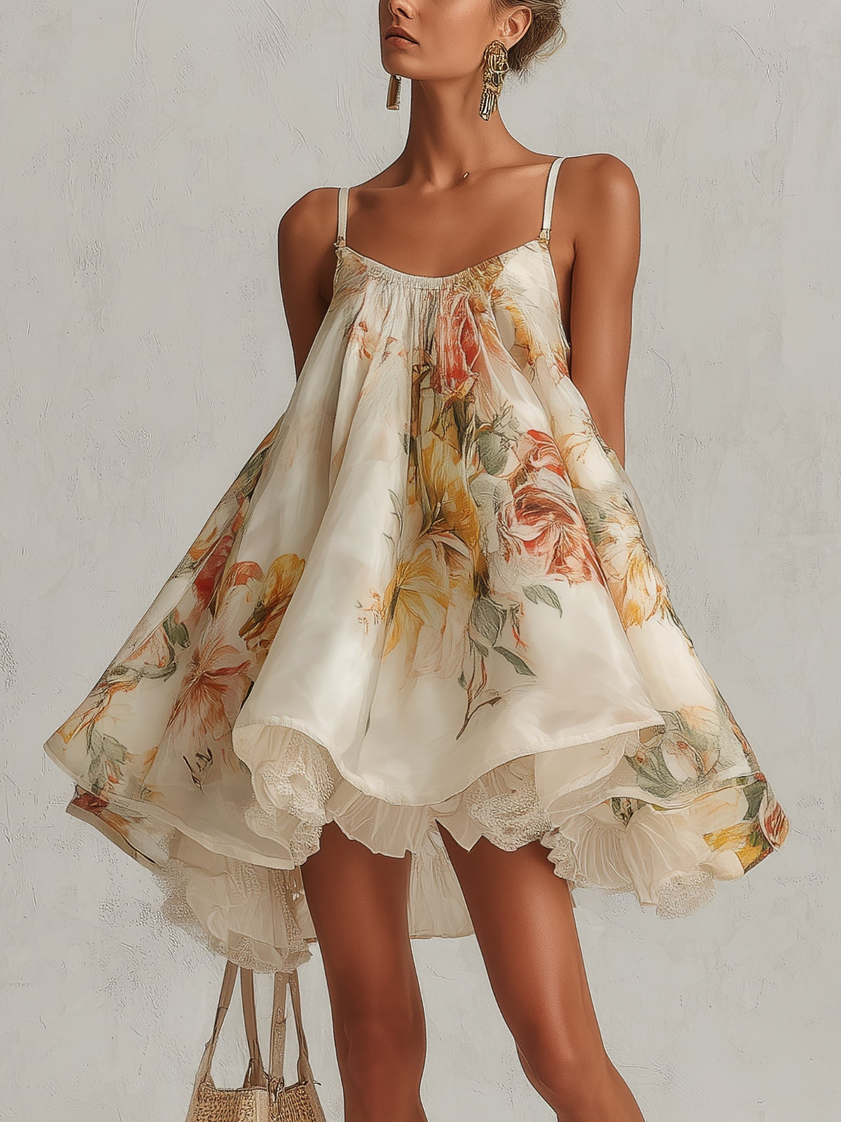 Beige Spaghetti Strap Floral Organza Lace Trim Ruffle Babydoll Mini Dress