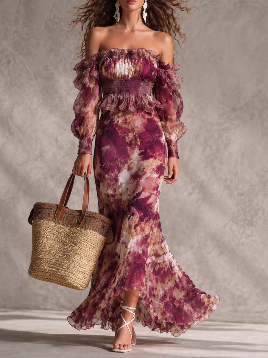 Pink Off-Shoulder Floral Print Ruffle Smocked Waist Bishop Sleeve Mermaid Maxi Dress