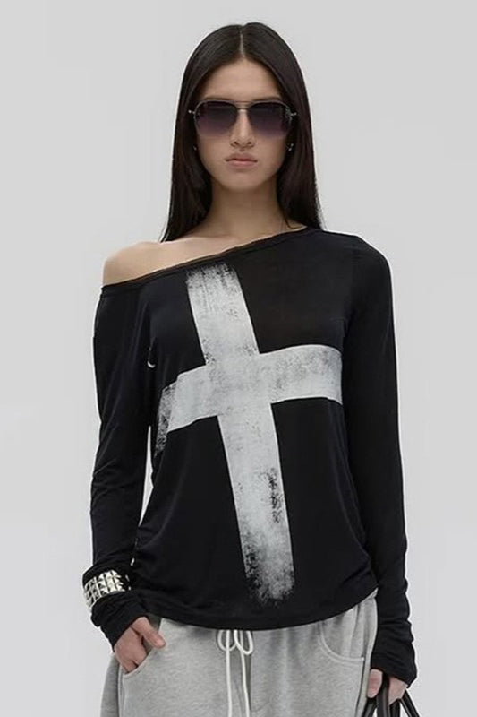 Cross Print Asymmetrical TShirt