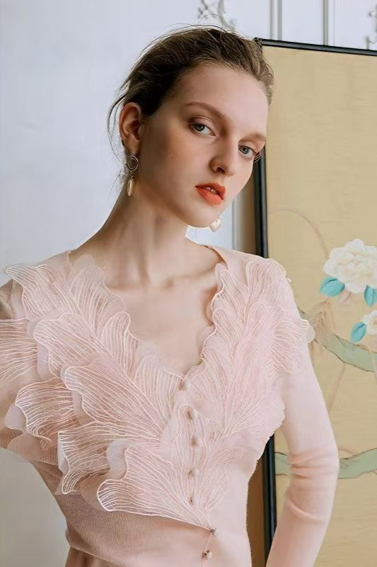3D Floral Lace VNeck Knit Top