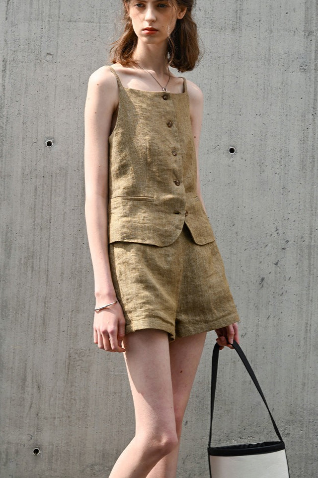 Linen Yarn Dyed High Waist Pants
