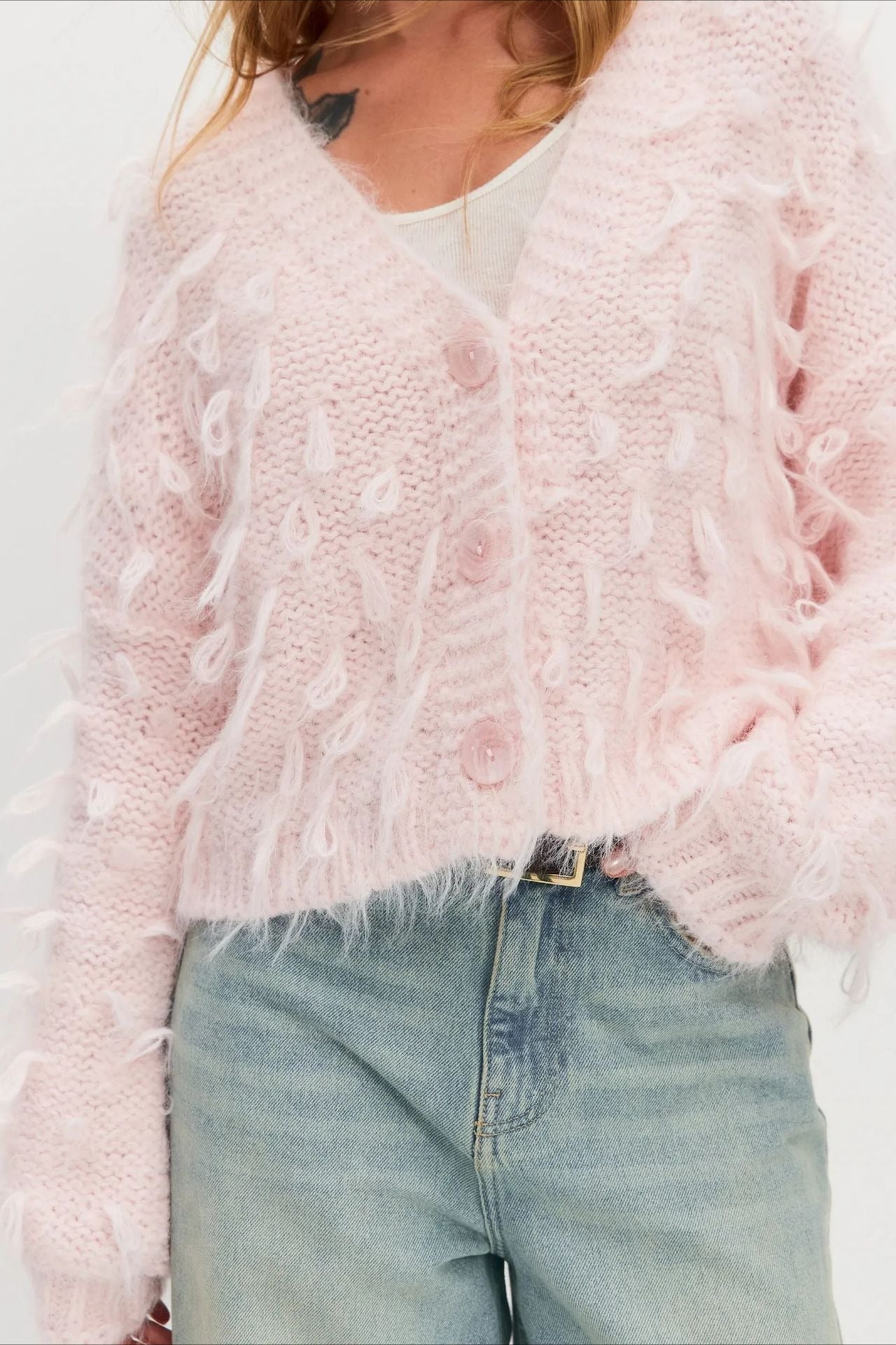 V Neck Fringe Short Loose Slouchy Knit Cardigan