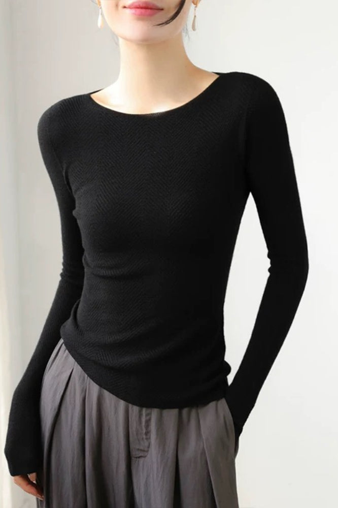 Chic White Boat Neck Fine Wool Long Sleeve Base Layer