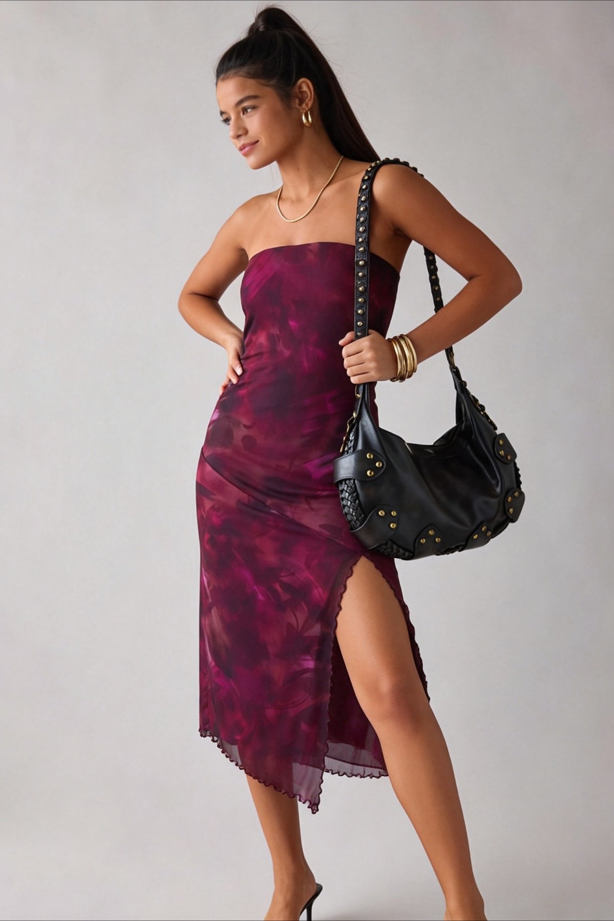 Gradient Mesh Tube Backless Slit Maxi Slim Bodycon Dress