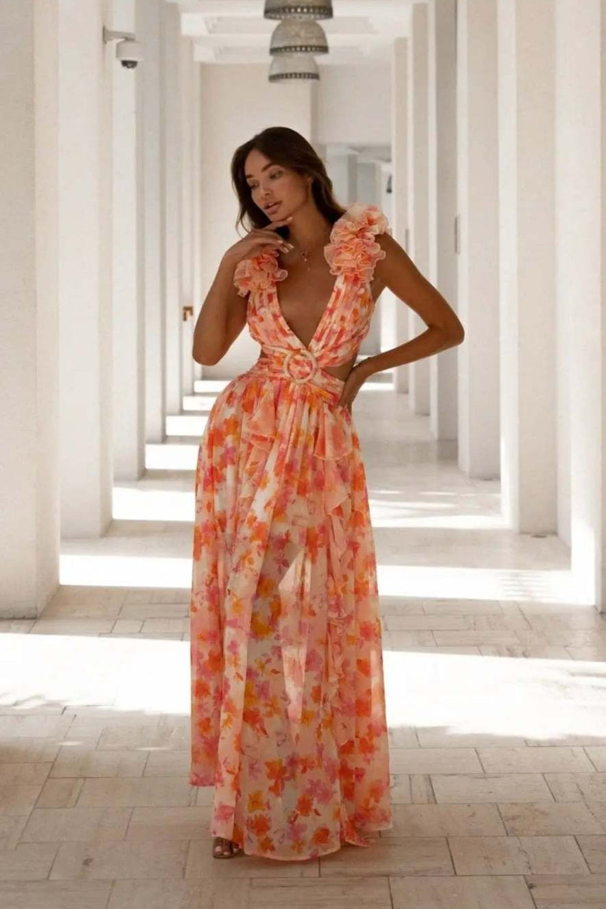 One Shoulder Ruffle Strap Cutout Tiered Blossom Print Maxi Dress 9