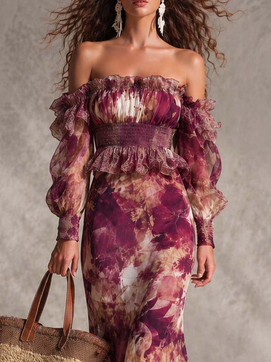 Rose Pink Off-Shoulder Ruffle Long Sleeve Floral Chiffon Mermaid Maxi Dress