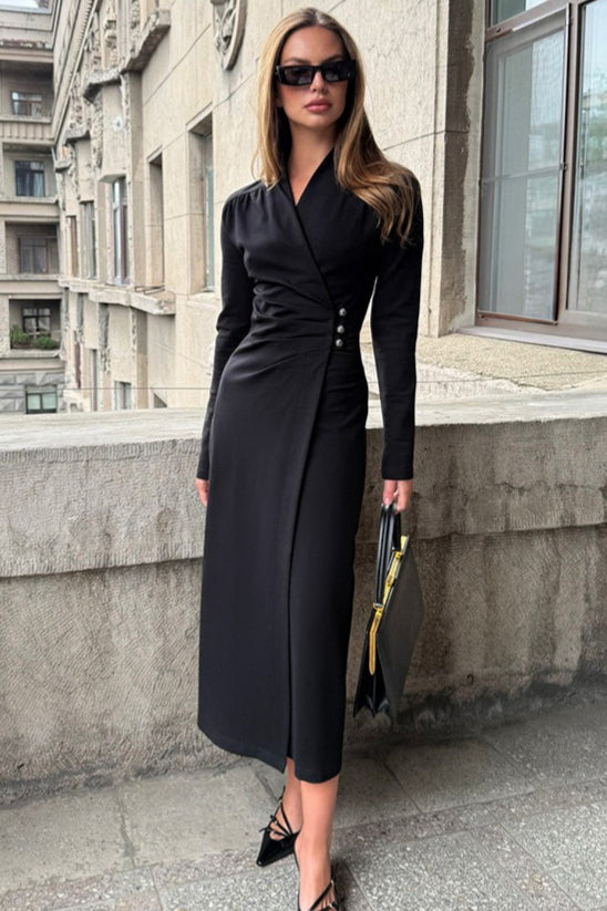 Pleated V-Neck Long Sleeve Maxi Dress