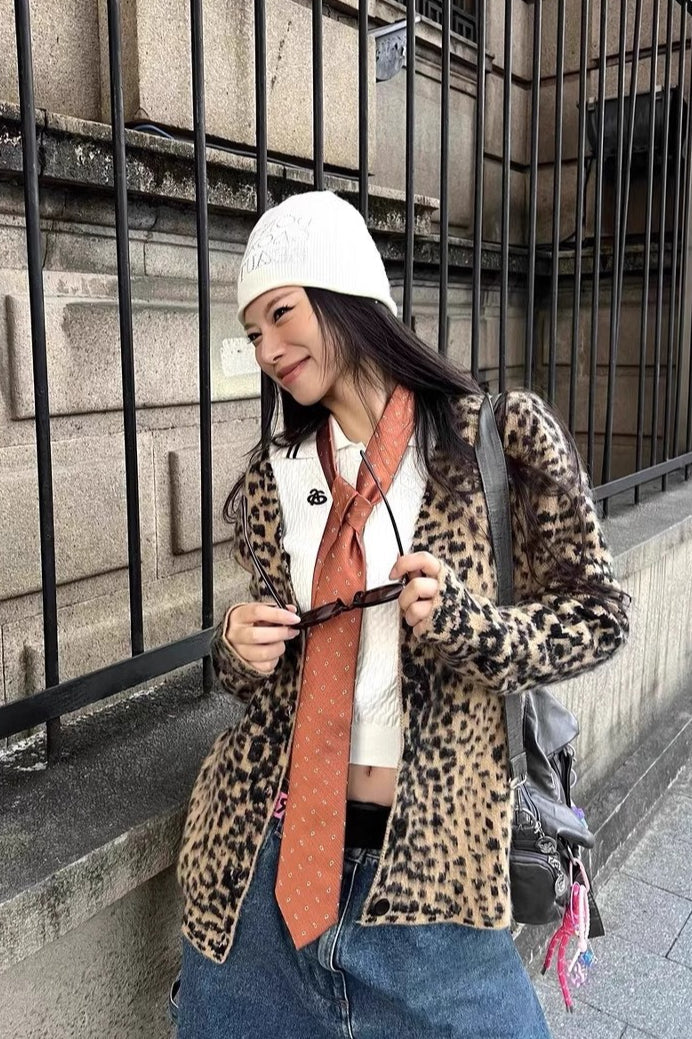 Retro Leopard Print V Neck Soft Brushed Loose Cardigan