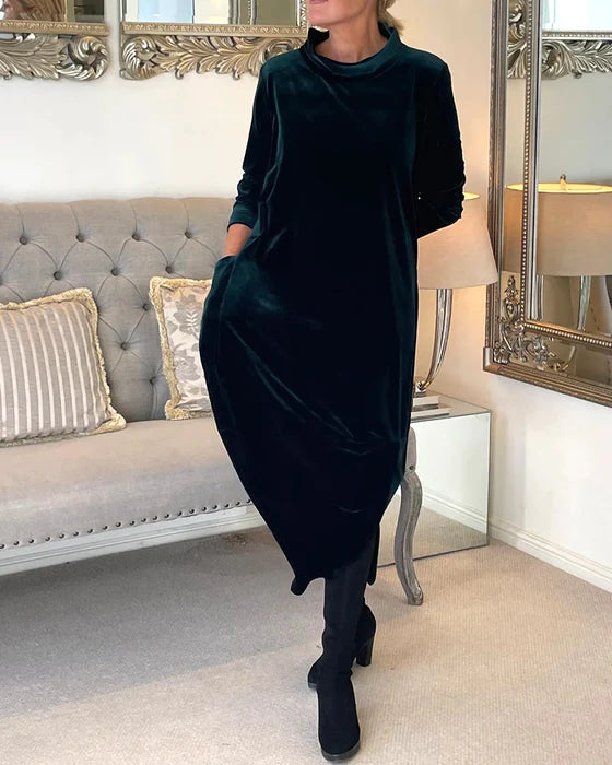 Mock Neck Velvet Pocket Long Sleeve Cocoon Maxi Dress 2