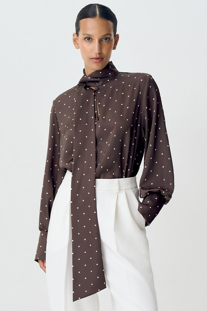 Polka Dot Collared Tie-Up Slim Chic Blouse