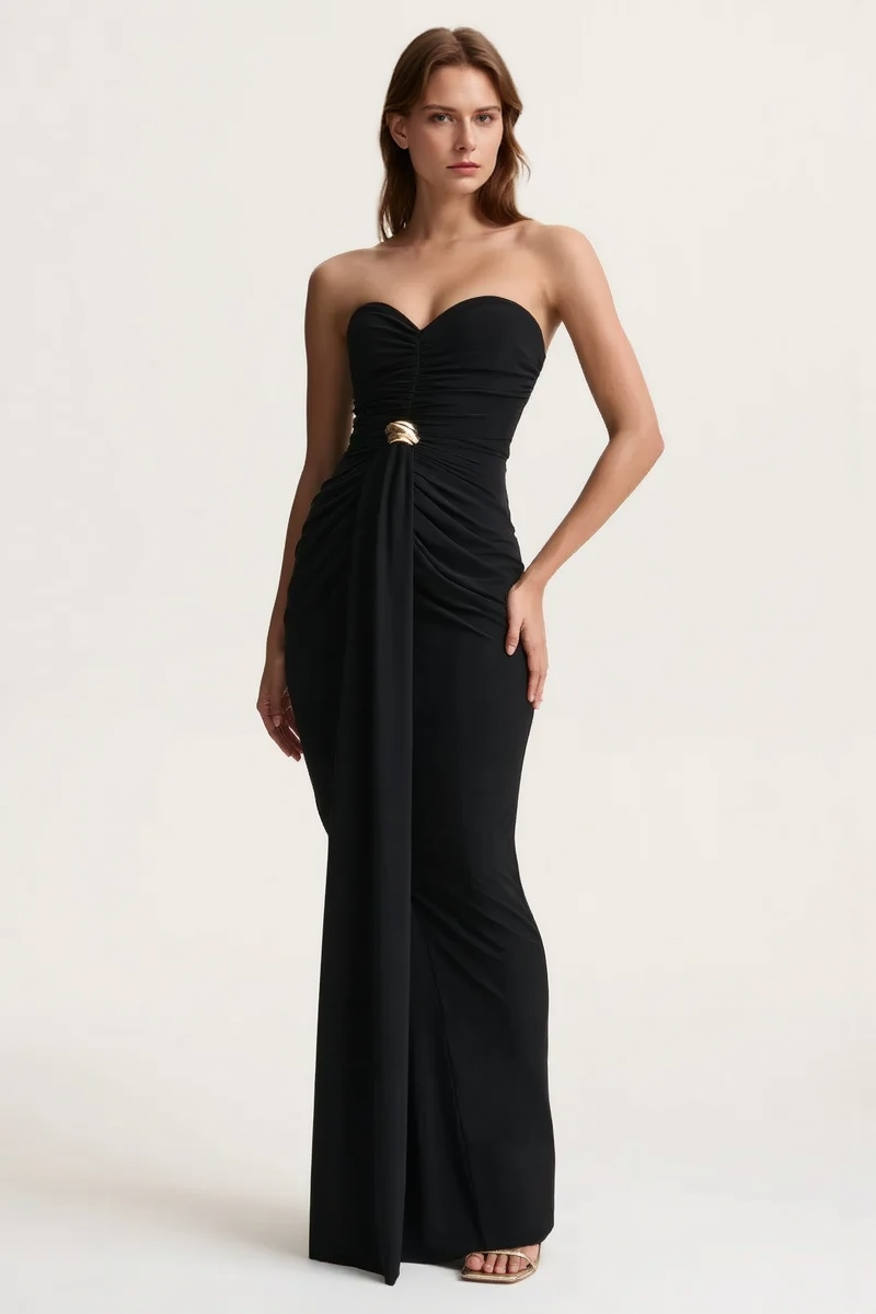 Strapless Ruched Waist Sash Party Dress