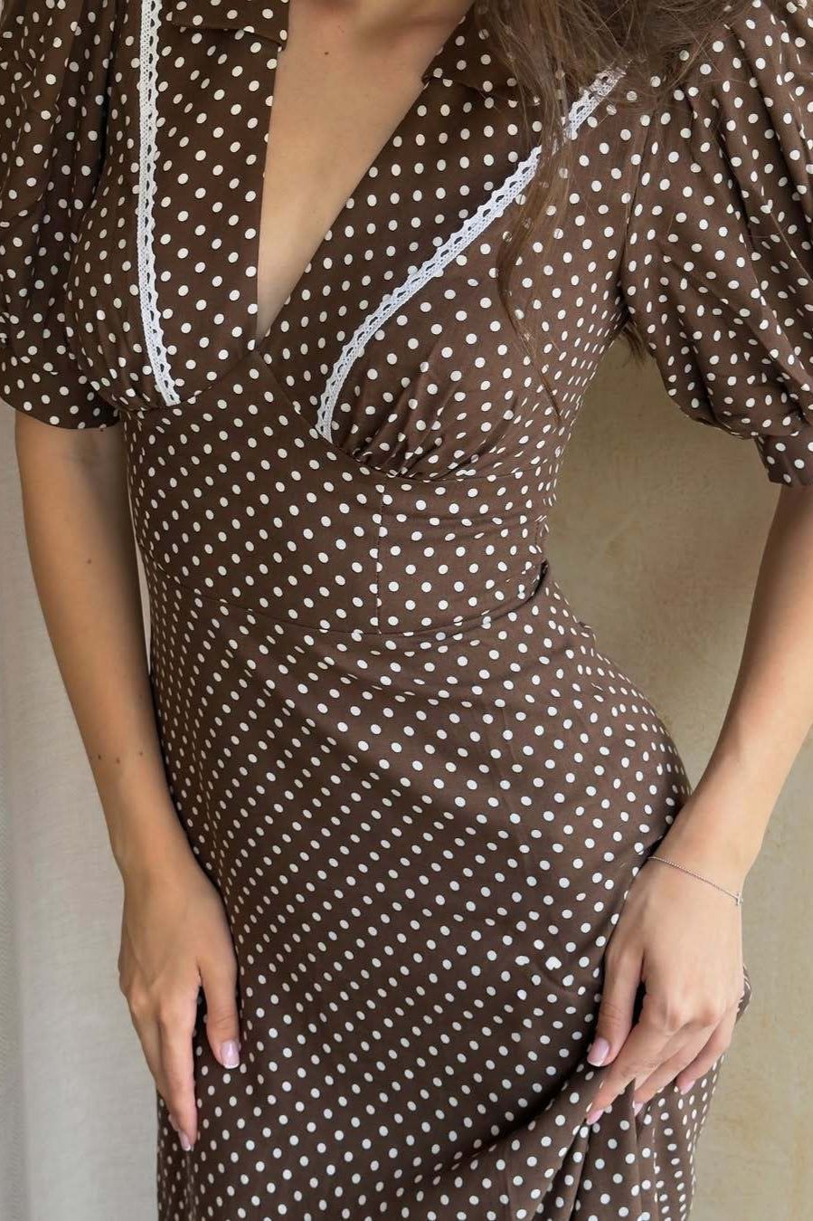 Brown Polka Dot V-Neck Puff Sleeve Bodycon Maxi Dress 3