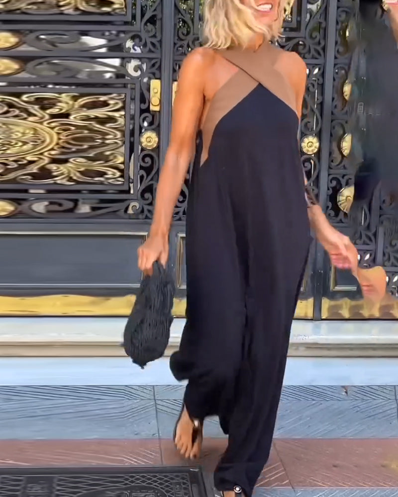 Cross Front Halter Neck Colorblock Sleeveless A-Line Maxi Dress