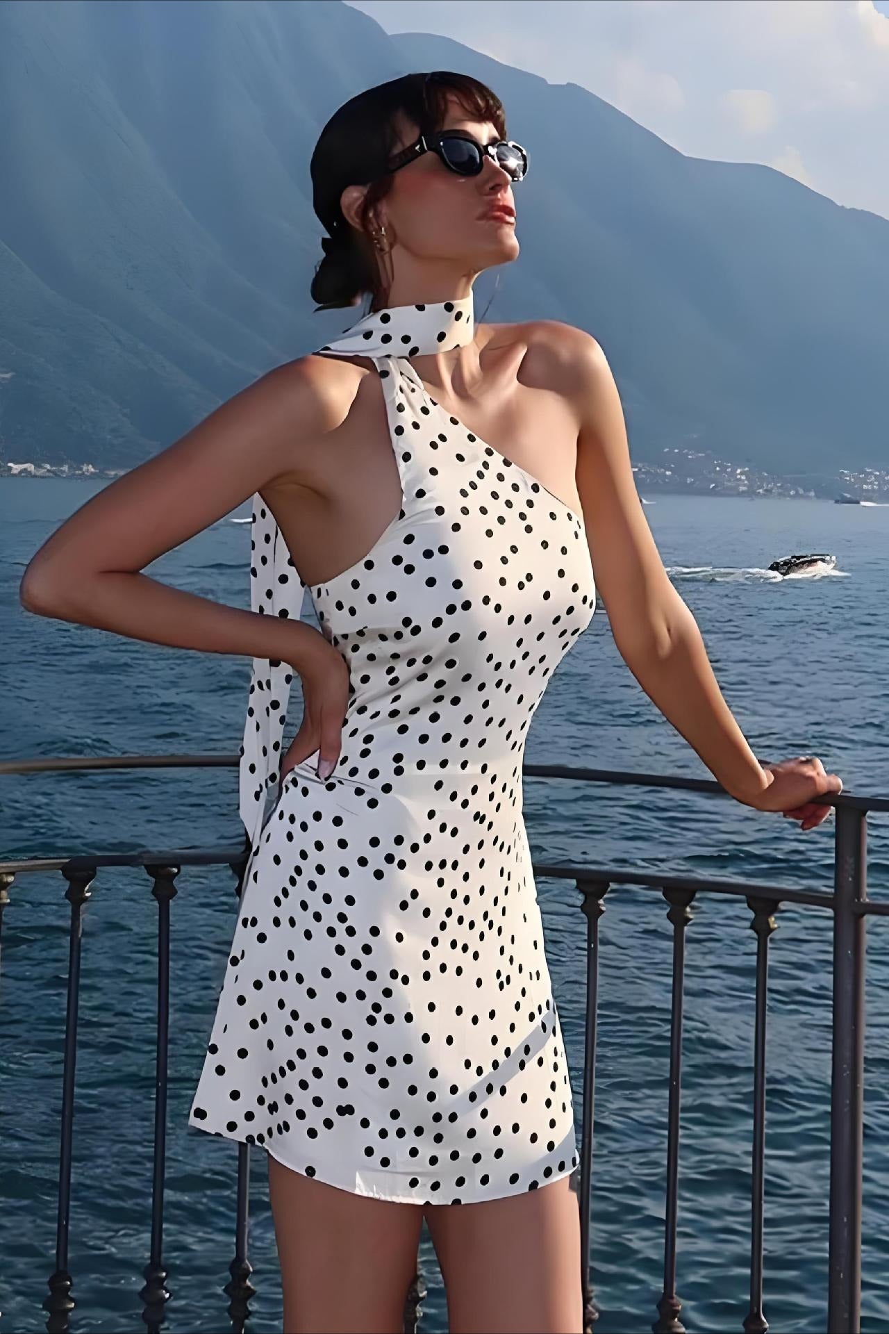 White Polka Dot Halter Bodycon Mini With Side Slit Dress