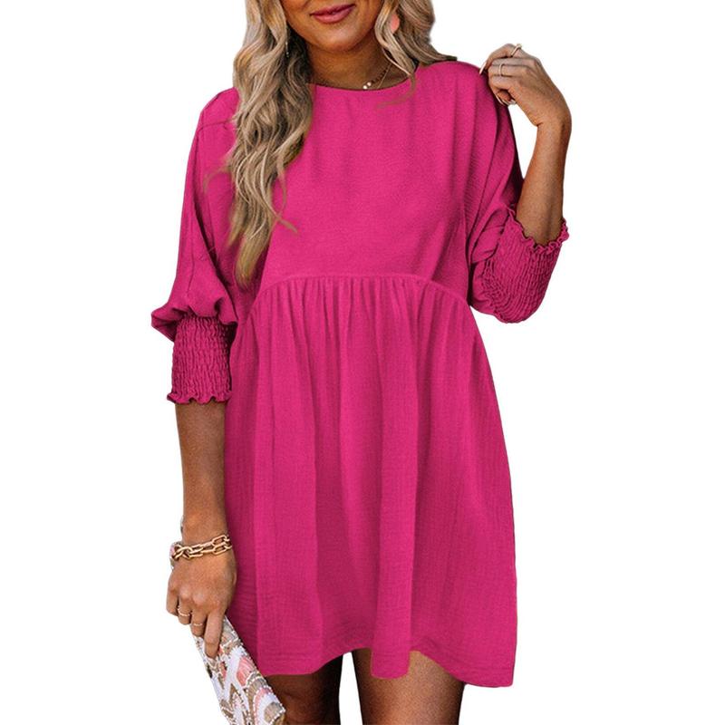Round Neck Textured Smocked Cuff Sleeve Babydoll Mini Dress
