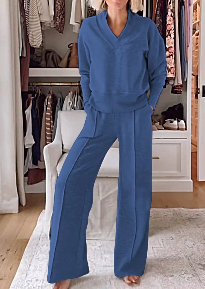 Solid V-Neck Two-Piece Set