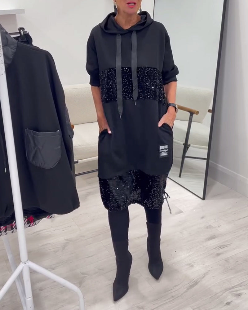 Hooded Drawstring Sequin Patchwork Panel Pocket Sweatshirt Midi Dress