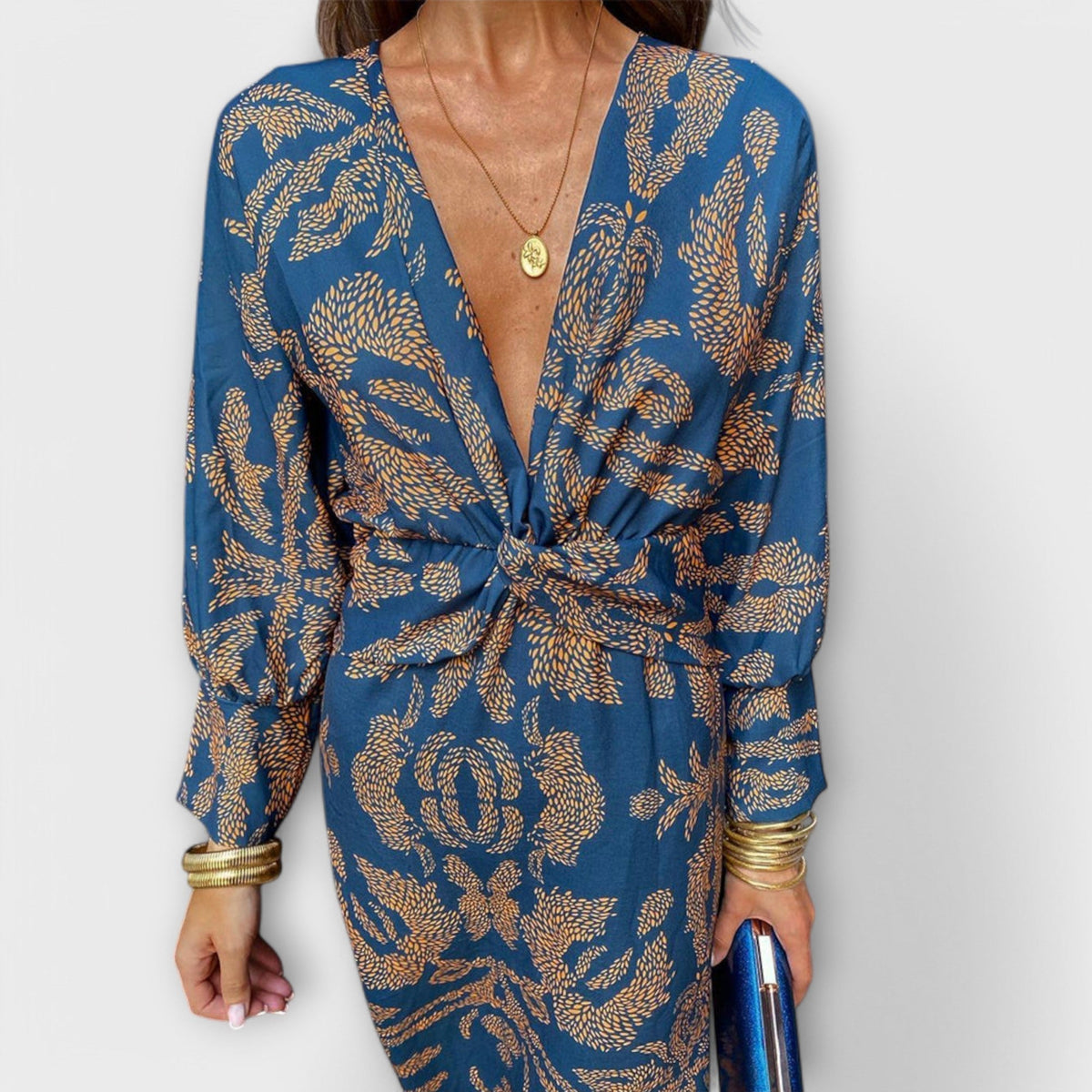 Deep V-Neck Floral Print Long Sleeve Twist Front Bodycon Midi Dress