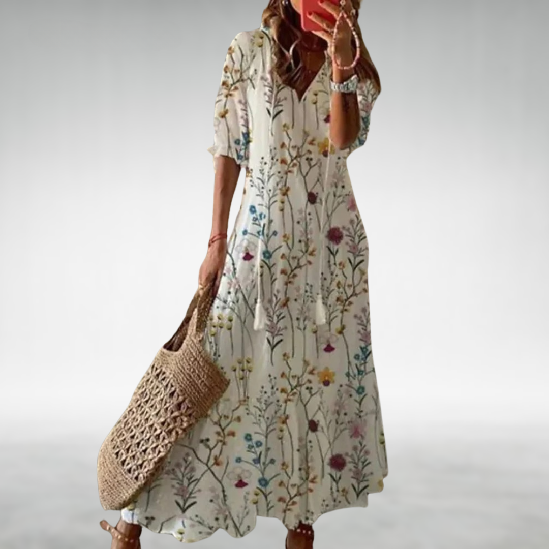 V-Neck Tie Floral Half Sleeve Flowy A-Line Maxi Dress
