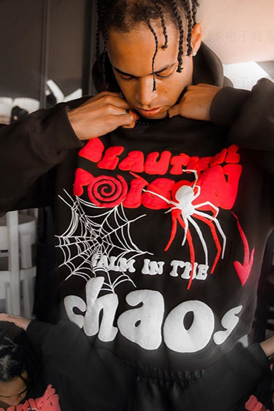Loose Hip-hop Spider Web Print Hoodie