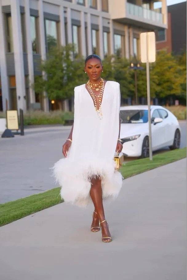 Off White Deep V-Neck Sleeveless Feather Trim Hem Shift Mini Dress 2