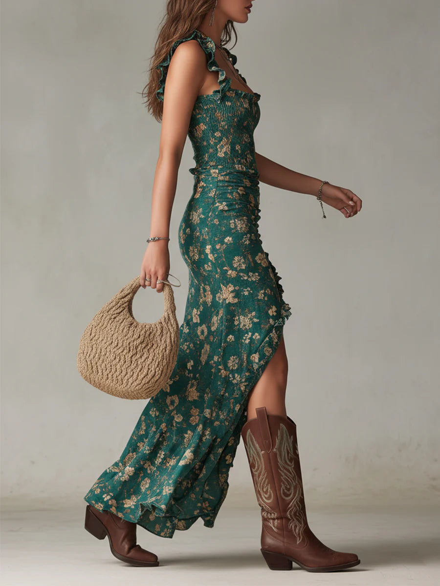 Green Square Neck Shirred Floral Ruffle Hem High Slit Mermaid Maxi Dress 2