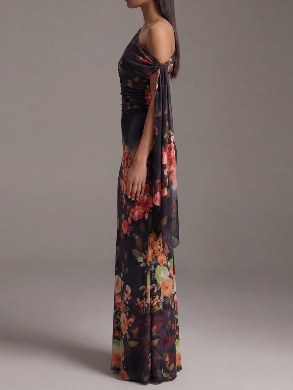 Black One-Shoulder Floral Draped Sash Ruched Mermaid Maxi Gown
