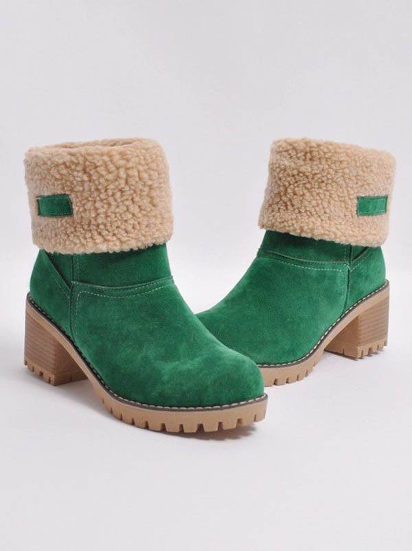 Fur Lined Fold Over Cuff Block Heel Ankle Snow Boots